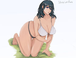 1girls black_panties black_thong blue_eyes byleth_(fire_emblem) byleth_(fire_emblem)_(female) cleavage clothes_pull collarbone fire_emblem fire_emblem:_three_houses looking_at_viewer medium_hair nintendo on_ground panties sleesart sleeswaifus solo teal_hair thick_thighs thong voluptuous wide_hips