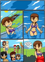 2boys 4_panel_comic 5:7 6girls artist_logo bald bald_male bald_man bikini black_bikini black_hair blonde_hair blue_bikini blue_swimsuit blush blushing breasts brown_hair carla_(xierra099) chloe_(xierra099) cleavage comic danielle_(xierr099) dark-skinned_female dialogue eyes_closed getting_out_of_pool lifeguard lifeguard_chair lifeguard_tower light-skinned_female light-skinned_male lovin’sis lucy_(xierra099) navel nichole_(xierra099) pale-skinned_female pink_bikini public_pool purple_bikini red_hair staring susan_(xierra099) swimming_pool tan-skinned_female tan-skinned_male tan_line tan_lines tanline thought_bubble wet_body xierra099