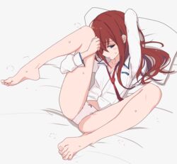 1girls barefoot blue_eyes blush female female_only kahlua_(artist) long_hair makise_kurisu panties pillow red_hair solo steins;gate sweat toes underwear