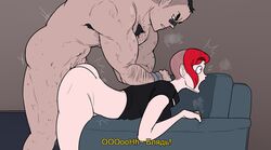 1boy 1girls :o ambiguous_penetration buzz_cut english_text hairy_armpits hairy_chest hellonearthiii katya_(hellonearthiii) muscular_male partially_clothed red_hair russian_text thick_eyebrows