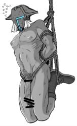 bar_censor big_penis bondage boots completely_nude flaccid gueira helmet huge_cock made_in_abyss male male_only mask muscular_male penis pubic_hair rope solo suspension sweat takenoko_(pixiv)