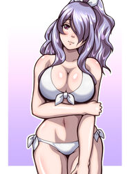 alternate_costume alternate_hairstyle bikini camilla_(fire_emblem) cleavage collarbone fire_emblem fire_emblem_fates hair_over_one_eye head_tilt holding_own_arm huge_breasts inabakun00 large_breasts long_hair looking_at_viewer nintendo ponytail purple_eyes purple_hair smile swimsuit violet_eyes white_bikini white_swimsuit