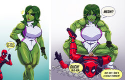 1boy 1girls alshishou amazon_position anti-hero antihero biceps big_breasts busty clothed_sex deadpool dialogue domination english_text female female_on_top femdom giant_breasts green_hair green_skin hourglass_figure huge_breasts hulk_(series) instant_loss_2koma legs leotard leotard_aside male marvel marvel_comics muscles muscular_female muscular_thighs penetration penis power_sex rough_sex sex she-hulk snu-snu speech_bubble spread_legs superheroine superpowered_sex taller_girl text thick_legs thick_thighs thighs vagina vaginal vaginal_penetration vaginal_sex voluptuous x-force