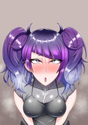 1girls ahe_gao black_tank_top blue_eyes blue_hair blush earrings grey_topwear heart-shaped_pupils heavy_breathing horns horny idolmaster idolmaster_shiny_colors implied_masturbation mature_female milf multicolored_hair necklace open_mouth puni2brain purple_eyes purple_hair steam steaming_body steamy steamy_breath tanaka_mamimi tank_top twintails