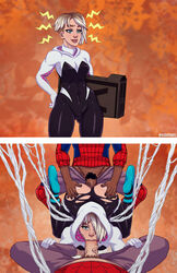 1girls 2boys :>= alshishou blonde_hair busty dark-skinned_male dark_skin eyebrow_piercing female female_focus gwen_stacy hourglass_figure instant_loss_2koma interracial looking_at_viewer male male_pov marvel marvel_comics miles_morales multiple_boys oral peter_parker pov sex spider-gwen spider-man spider-man:_into_the_spider-verse spider-man_(series) spider_sense spitroast straight_hair tagme threesome wide_hips