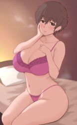 akiyama_yoshiko bbw brown_eyes brown_hair girls_und_panzer hand_on_breast hand_on_face hotmilk huge_breasts lingerie mature_female milf mother multicolored_bikini on_bed open_mouth pink_bikini pink_bra pink_panties pink_thong plump sexually_suggestive short_hair sitting_on_bed skimpy_bikini skimpy_clothes steam steaming_body steamy thick_thighs very_short_hair voluptuous wife