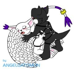 anal anal_sex angel_wings angelgatomon_(angelgato) angelgatomon_(artist) ass balls black_veemon blush cock_ring cum cum_while_penetrated cumshot digimon erection gatomon harness leather looking_pleasured male male_only penetration penis ryodramon sex tail veemon wings yaoi