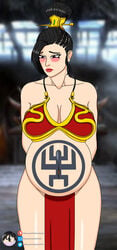 1girls breasts crossover defeated goro headgear interspecies large_breasts loincloth markings mortal_kombat mulan_(smite) ponytail pregnant shokan slave slave_bikini slave_leia_(cosplay) smite solo tattoo theobscureone