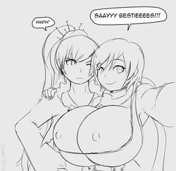 2girls alternate_breast_size black_and_white breast_envy breasts bursting_breasts cleavage exposed_breasts female huge_breasts line_art long_hair nipples rooster_teeth ruby_rose rwby sanka-tetsu scar selfie short_hair text tight_clothing weiss_schnee
