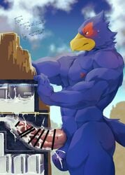 absurd_res anthro avian bird blue_body blush bodily_fluids censored cum erection excessive_cum falco_lombardi flooding genital_fluids genitals hi_res internal macro male male_only mountain nintendo penetration penile penis penis_milking penis_milking_machine star_fox tos_tos_f_ski tunnel vein video_games worship