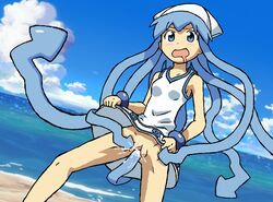 1girls beach blue_hair dress_lift drooling female female_only hat ikamusume long_blue_hair masturbation no_panties_under_skirt penetration pussy pussy_juice shinryaku!_ikamusume squid_girl tentacle thecrazypartyco vagina vaginal_penetration