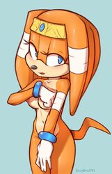 2021 anthro blue_background blue_eyes breasts clothing covering covering_breasts covering_crotch covering_self echidna female gloves handwear hi_res mammal monotreme mostly_nude navel nipples orange_body portrait qrog simple_background solo sonic_(series) sonic_adventure standing three-quarter_portrait three-quarter_view tikal_the_echidna