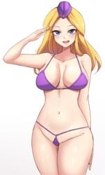 advance_wars bikini blonde_hair breasts imminent_sex looking_at_viewer medium_breasts micro_bikini mistynight nell_(advance_wars) open_mouth salute