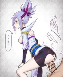 ... 1boy 1girls blue_eyes breasts censored cum cum_inside earrings horns league_of_legends looking_down partially_clothed pointy_ears riven short_hair simple_background spirit_blossom_riven spirit_blossom_series torn_clothes weimiao white_hair