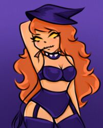 1girls arm_behind_head bare_shoulders breasts cleavage female female_only friday_night_funkin garter_belt genderswap hair hips humanoid leash long_hair looking_at_viewer no_pupils orange_hair purple_background rule_63 scarecrow scarecrow_girl seductive seductive_eyes seductive_look simple_background solo solo_female thick thick_thighs thighs voluptuous wide_hips yellow_eyes yellow_sclera zardy zardys_maze