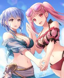 2girls alternate_costume bangs bare_midriff bare_shoulders beach belly big_breasts bikini blue_bikini blue_hair blue_swimsuit braid breasts brown_eyes cleavage collarbone curvaceous curvy curvy_female curvy_figure detailed_eyes eyewear eyewear_on_head female female_only fire_emblem fire_emblem:_three_houses fire_emblem_heroes fit fit_female happy hilda_valentine_goneril hilda_valentine_goneril_(summer) hips holding_hands hourglass_figure human human_only large_breasts light-skinned_female light_skin long_hair looking_at_viewer looking_down marianne_von_edmund marianne_von_edmund_(summer) medium_breasts midriff multiple_girls navel nintendo open_mouth pink_bikini pink_eyes pink_hair pink_swimsuit sarong short_hair sidelocks smile smiling smiling_at_viewer stomach sunglasses sunglasses_on_head swimsuit twintails wholesome yamigo