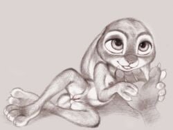 3_toes 4_fingers anthro anus breasts buckteeth claws disembodied_hand disney duo ears_down erect_nipples feet female finger_claws fingers flat_chest fuchs genitals hand_grab hand_on_chin hi_res judy_hopps lagomorph leporid looking_up lying mammal monochrome nipples nude on_side paws pivoted_ears pussy rabbit simple_background size_difference sketch small_breasts smaller_female smile spread_legs spreading teeth toes traditional_media_(artwork) zootopia