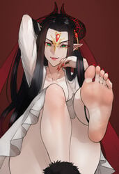 absurdres barefoot black_hair breasts demon_girl dress facepaint feet feet_up female foot_fetish forehead_jewel green_eyes highres horn_ornament horn_ring horns jewelry lipstick long_hair looking_at_viewer makeup nail_polish pointy_ears presenting_feet scas scathegrapes smile soles solo thunderbolt_fantasy white_dress xing_hai