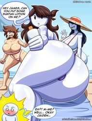 1boy 3girls ass beach blush cleavage dialogue english_text female huge_breasts jaiden jaiden_animations jaidens_mom large_breasts looking_at_viewer male milf pov richdraw shgurr speech_bubble text theodd1sout theodd1sout_(character) youtube youtuber