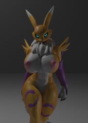 3d anthro big_breasts big_butt big_muscles big_nipples blue_eyes breasts claws digimon furry huge_breasts jigjig looking_at_viewer muscular nipples renamon two_tone_body walking