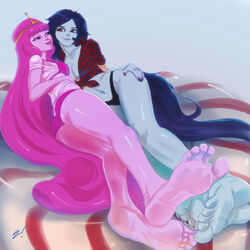 adventure_time ass barefoot breasts duo feet female foot_fetish foot_focus long_hair marceline panties pink_hair pink_skin princess_bubblegum scamwich soles toes