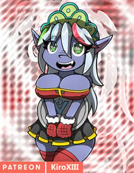 cute_fang green_eyes grey_skin kiroxiii maid oc original_character pointy_ears purple_skin rika_dimensional_ninja shortstack smile unusual_pupils watermark white_hair yordle