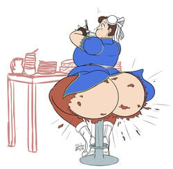 asian asian_female ass belly belly_stuffing big_ass big_belly big_butt blooberboy chun-li eating female female_only huge_ass large_ass overeating solo_female street_fighter stuffed_belly stuffing torn_clothes