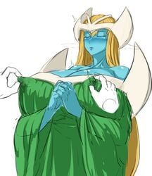 big_breasts blonde_hair blue_skin blush closed_eyes dress elf erect_nipples erect_nipples_under_clothes exabyte female huge_breasts lactation lactation_through_clothes long_hair mature_female mystical_elf nipple_pinch parallax05 praying yu-gi-oh!