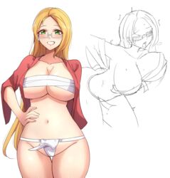 alluring before_sex blonde_hair bouncing_breasts breasts dolchan fundoshi green_eyes large_breasts looking_at_viewer mistynight nchans nchans_style sketch