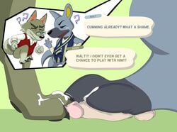 2020 2boys animal_crossing cum dialogue dobie_(animal_crossing) feet furry human kangaroo macro/micro nintendo paw penis stepping_on_penis testicles walt_(animal_crossing) wolf