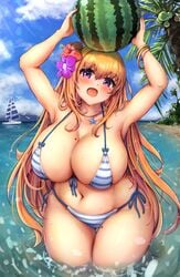 1girls beach big_breasts bikini blush breasts female female_only holding_fruit huge_breasts large_breasts okabe_gyoza open_mouth original original_character purple_eyes thick_thighs thighs watermark