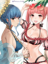 2girls absurdres alternate_costume artist_name bangs bare_midriff bare_shoulders belly big_breasts bikini blue_bikini blue_hair blue_swimsuit blush blushing braid breasts brown_eyes cleavage confident embarrassed eyewear eyewear_on_head female female_only fire_emblem fire_emblem:_three_houses fire_emblem_heroes french_braid glasses glasses_on_head happy haru_(nakajou-28) highres hilda_valentine_goneril hilda_valentine_goneril_(summer) holding_parasol holding_umbrella human human_only light-skinned_female light_skin looking_at_viewer looking_away marianne_von_edmund marianne_von_edmund_(summer) medium_breasts midriff multiple_girls navel nintendo off-shoulder_bikini off_shoulder official_alternate_costume open_mouth parasol pink_bikini pink_eyes pink_hair pink_swimsuit shawl shy sidelocks smile smiling smiling_at_viewer stomach sunglasses sunglasses_on_head swimsuit twintails umbrella white_background wholesome