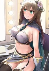 1girls armor bangs bikini_armor black_bow black_cape black_gloves black_legwear blush boobplate book bow breastplate breasts brown_hair cape cellphone chair cleavage cowboy_shot eyebrows_visible_through_hair female flower folding_chair garter_belt gloves granblue_fantasy green_cape green_eyes grey_gloves grey_skirt groin hair_between_eyes hair_flower hair_ornament hairbow highres idolmaster idolmaster_cinderella_girls indoors large_breasts lipstick long_hair looking_away mirror mk_(mod0) navel nervous_smile no_panties phone pink_lipstick shibuya_rin sidelocks sitting skirt smartphone solo stomach thighhighs two-tone_cape