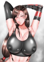 armpits black_elbow_gloves black_gloves black_tank_top brown_eyes brown_hair earrings elbow_gloves final_fantasy final_fantasy_vii hands_behind_head huge_breasts latex_clothing latex_topwear long_hair mature_female milf nipple_bulge nipples_visible_through_clothing plump puni2brain raised_arms ribbon sexually_suggestive smile smug steam steaming_body steamy sweat sweating sweaty tank_top tifa_lockhart voluptuous