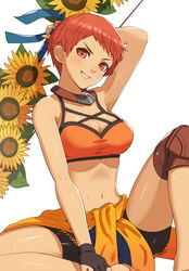 1girls absurdres alternate_costume arm_behind_head arm_up bare_arms bare_midriff bare_shoulders bare_thighs big_breasts bikini blush blushing breasts cleavage confident female female_only fire_emblem fire_emblem:_three_houses fire_emblem_heroes flower gonzarez head_tilt highres human human_only large_breasts leonie_pinelli leonie_pinelli_(summer) looking_at_viewer navel nintendo orange_bikini orange_eyes orange_hair orange_swimsuit short_hair sitting sitting_down smile smiling smiling_at_viewer solo solo_female sunflower sweat sweating swimsuit thick thick_thighs thighs tomboy toned toned_female very_short_hair white_background