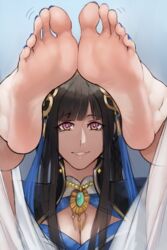 barefoot black_hair breasts cleavage feet feet_up female foot_fetish foot_focus highres long_hair looking_at_viewer mu_tian_ming parted_lips pink_eyes presenting_feet scas scathegrapes smile soles tenmei_mutsu thunderbolt_fantasy toes