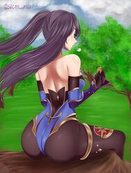 1girls arm_gloves ass black_hair bubble_butt clothed clothing coin dat_ass female genshin_impact holding holding_coin holding_object long_hair mona_(genshin_impact) outdoors outside sacro_kies sideboob sitting solo twintails