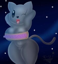 anthro big_breasts black_eyes bottomless bread breasts domestic_cat felid feline felis female food fur genitals grey_body grey_fur happy mammal meme nyan_cat pupils pussy smile solo space superstarplasma toast white_pupils