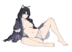 >:) animal_ears arknights arm_support bangs bare_legs barefoot black_hair blush bracelet breasts breasts_apart brown_eyes closed_mouth dog_ears dog_girl dog_tail elbow_gloves eyebrows_visible_through_hair female fingerless_gloves fundoshi gloves hand_on_own_thigh highres japanese_clothes jason_kim jewelry leaning_back long_hair long_sleeves looking_at_viewer medium_breasts navel parted_bangs purple_gloves saga_(arknights) simple_background sitting smile solo spread_legs stomach tail tasuki v-shaped_eyebrows very_long_hair white_background