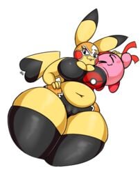 anthro anthrofied ass belly big_ass big_breasts big_butt blush breasts cameltoe cleavage cleft_tail clothed clothing cosplay_pikachu cosplay_pikachu_(character) cosplay_pikachu_(costume) costume curvy_figure deep_navel digital_media_(artwork) duo female front_view hand_on_hip hi_res kirbot12 kirby kirby_(series) large_ass looking_at_viewer low-angle_view male mammal mask midriff navel nintendo nintendo_switch pikachu pikachu_libre pink_body pink_skin pokémon_(species) pokemon red_feet simple_background slightly_chubby smile standing super_smash_bros. super_smash_bros._ultimate thick_thighs tongue tongue_out video_games voluptuous waddling_head white_background wide_hips