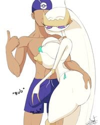 1boy 1girls anthro areolae ass ass_grab big_ass big_breasts bikini boxers breasts curvy dark-skinned_male erect erection erection_under_clothes faceless_male hi_res hourglass_figure huge_breasts interspecies large_breasts micro_bikini muscular_male nintendo nipples pheromosa pokemon pokemon_(species) pokemon_sm shorts side-tie_bikini simple_background standing straight string_bikini swim_trunks swimsuit thick_thighs thin_arms thin_waist totonaito voluptuous white_background