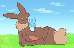 balls blush brown_balls brown_body brown_fur closed_eyes detailed_background eevee erection feral fur genitals hi_res male mostly_nude nintendo penis pokémon_(species) pokemon pokemon_(species) raised_leg scarf scarf_only shinystarshard solo spreading video_games