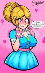 1girls aguiluchoxd blonde_hair blush brawl_stars cleavage clothed clothing dress female female_only fingerless_gloves gloves heart heart-shaped_pupils horny large_breasts looking_at_viewer pink_gloves piper_(brawl_stars) smile solo spanish_text speech_bubble text zipper