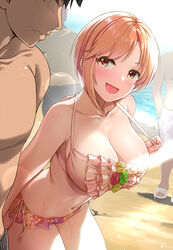 3boys aiba_yumi bangs bare_shoulders bikini blonde_hair blush breasts cleavage collarbone eyebrows_visible_through_hair female highres idolmaster idolmaster_cinderella_girls large_breasts light_beam looking_at_another medium_hair mk_(mod0) multiple_boys navel open_mouth outdoors parted_bangs pink_bikini shirtless smile strap_pull swimsuit water yellow_eyes