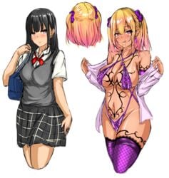 1girls ass bag before_and_after big_breasts bimbo bimbofication black_hair blonde_hair breasts corruption dark-skinned_female dark_skin female female_only gravity_zero27 ground_zero gyaru hair_ribbon heart-shaped_pupils kuro_gyaru leopard_print licking_lips light-skinned_female long_gloves looking_at_viewer multiple_positions open_clothes original panties pink_clothing pink_hair pink_panties purple_clothing purple_eyes ribbon school_uniform schoolgirl sideboob skirt slutty_outfit solo stockings tan_skin tanline tattoo tongue tongue_out transformation twintails two_tone_hair zerogura