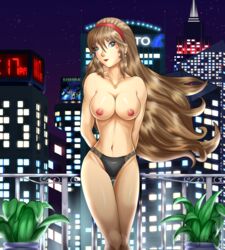 2016 black_panties blue_eyes brown_hair city deadphoenx earrings edie_burret elevator_action elevator_action_returns female large_breasts long_hair necklace night plant solo