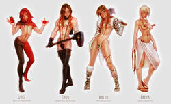 1girls 3boys androgynous axe baldr baldr_(cosplay) blonde_hair braid breasts bulge cosplay crossdressing female femboy fit fit_female fit_male flip_flops freckles freya freya_(cosplay) hammer headphones holding_weapon human human_only hung_trap lana_(yuni) leopard_print light-skinned_female light-skinned_femboy light-skinned_male light_skin loki loki_(cosplay) looking_at_viewer male matthew_(yuni) muscular nipple_clamps nipple_pinch nipples norse_mythology panty_bulge red_hair rope rouge_(yuni) sandals sebastien_(yuni) thighhighs thor thor_(cosplay) tights toned white_background yuni