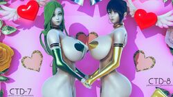 2girls android bisexual breasts cybernetics cybertechdolls emily_(cybertechdolls) female female_only large_breasts looking_at_viewer multiple_girls sarah_(cybertechdolls)