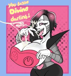 1girls cum cum_in_hair cum_on_breasts cum_on_hand female huge_breasts mettaton mettaton_ex mrxharlequinn offscreen_character robot rule_63 solo text undertale