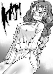 bottomless braided_hair button_down_shirt chiroru demon_slayer erect_nipples female female_only kanroji_mitsuri kimetsu_no_yaiba long_hair looking_at_viewer monochrome oversized_clothes solo